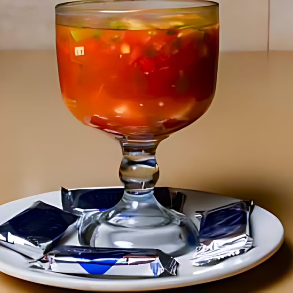 A glass of red salsa with chopped vegetables, served on a white plate with foil-wrapped items.